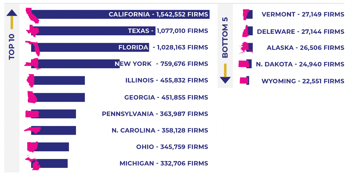 STATES BY NUMBER OF WOMEN-OWNED BUSINESSES bar chart, top 10 states, California, 1542552 firms, Texas, 1077010 firms, florida, 1028163 firms, New York, 759676 firms,
            Illinois, 455832 firms, Georgia, 451855 firms, Pennsylvanie, 363987 firms, N. Carolina, 358128 firms, ohio, 345759 firms, michigan, 332706 firms. Button 5 states, Vermont, 
            27149 firms, Delaware, 27144 firms, Alaska, 26506 firms, N. Dakota, 24940 firms, and Wyoming, 22551 firms.