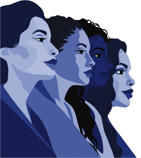 Four illustrated women stand in profile in a row in black and white