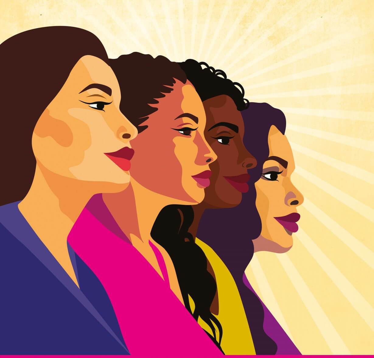 Four illustrated women stand in profile in a row in front of a yellow sunburst.