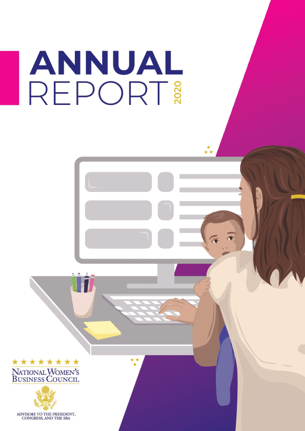 The cover of 2020 annual report - a mother holding her baby and working at a computer.