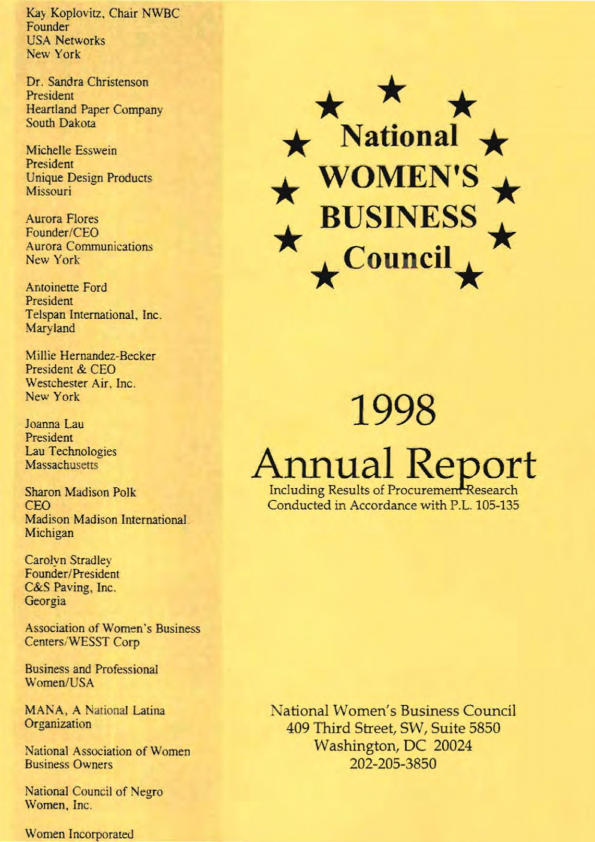 The cover of the national women's business council annual report 1998.
