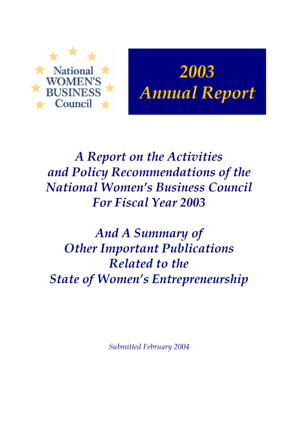 The cover of the national women's business council annual report 2003.